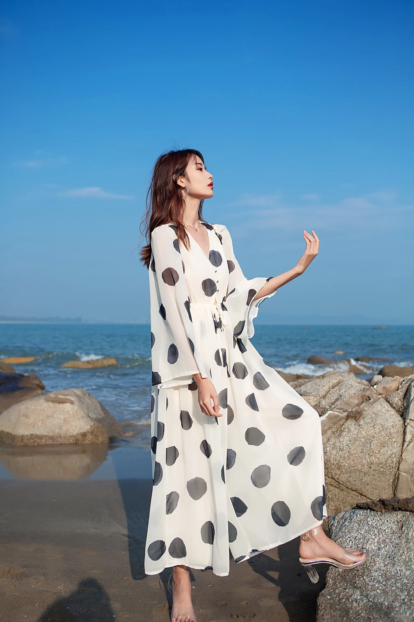 Широкие штаны в горошек лето 2019 комбинезон для высокой талии тонкие шифоновые