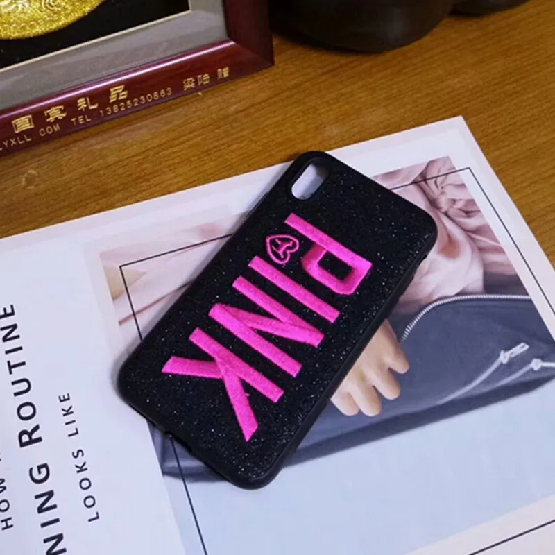 Luxury Brand Glitter 3D Embroidery PINK Love heart Case for iPhone 6 6s 7 8 plus X XR XS Max Fashion Hot Pink Cute Phone cover |