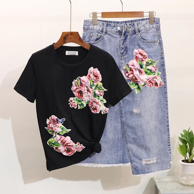 2019 весна лето женские наборы расшитая бисером нашивка цветок короткий рукав