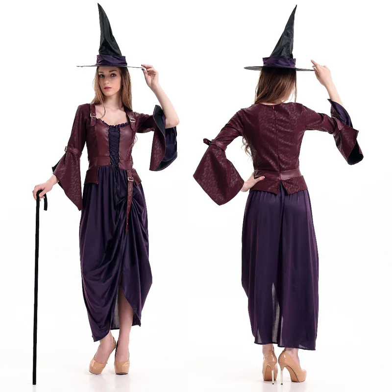 

Women Sexy Witch Demon Cosply Costumes Side Slit Purple Dress Women Vintage Palace Dres3 Pcs Set Halloween Cos Costumes