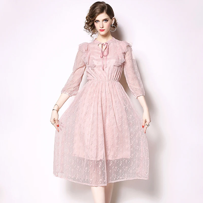 Trytree/весенне-летнее платье элегантное кружевное женское розовое с бантом и