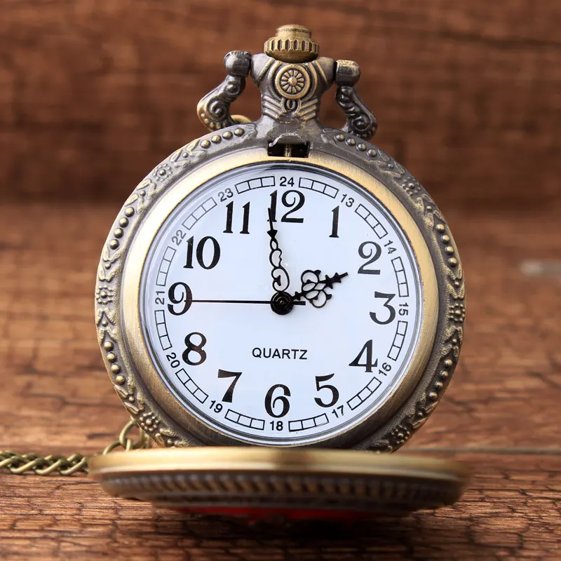 Часы мужские с красным циферблатом бронзовые Кварцевые карманные ретро часы