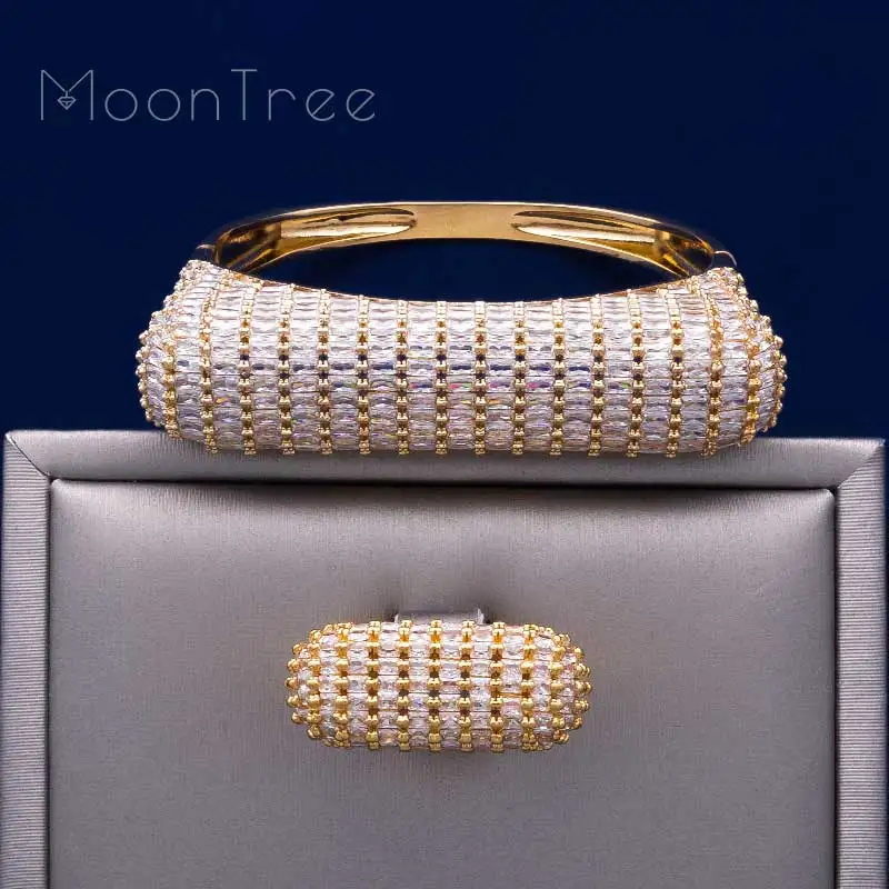 

MoonTree Luxury Square Shape Full Cubic Zircons Copper Jewelry Wide Bangles Ring Set For Party Wedding Women Bridals Bijoux