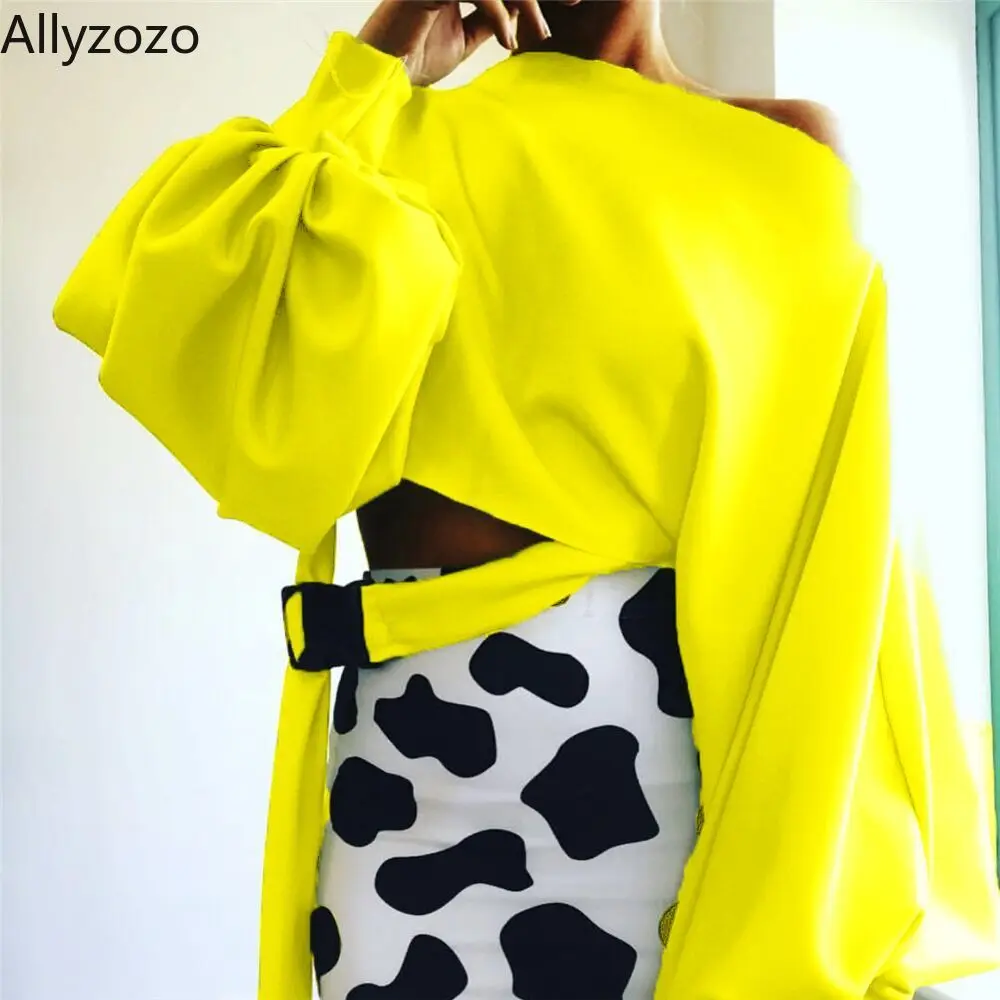 Allyzozo, свободная футболка с вырезом-лодочкой и рукавом-фонариком, топы, Повседневная Уличная одежда, неоновые зеленые топы, футболки
