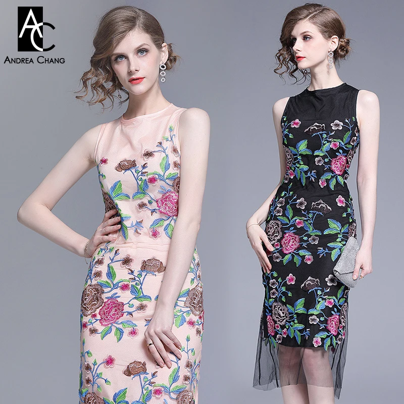 Женское платье с вышивкой зеленое синее розовое коричневое цветочным узором