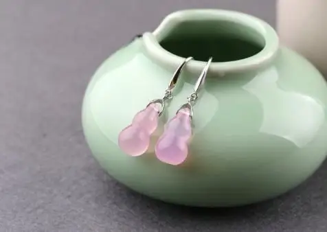 Limited edition natural JADEST earrings carved pink gourd S925 Tremella hook line jewelry for girls | Украшения и аксессуары