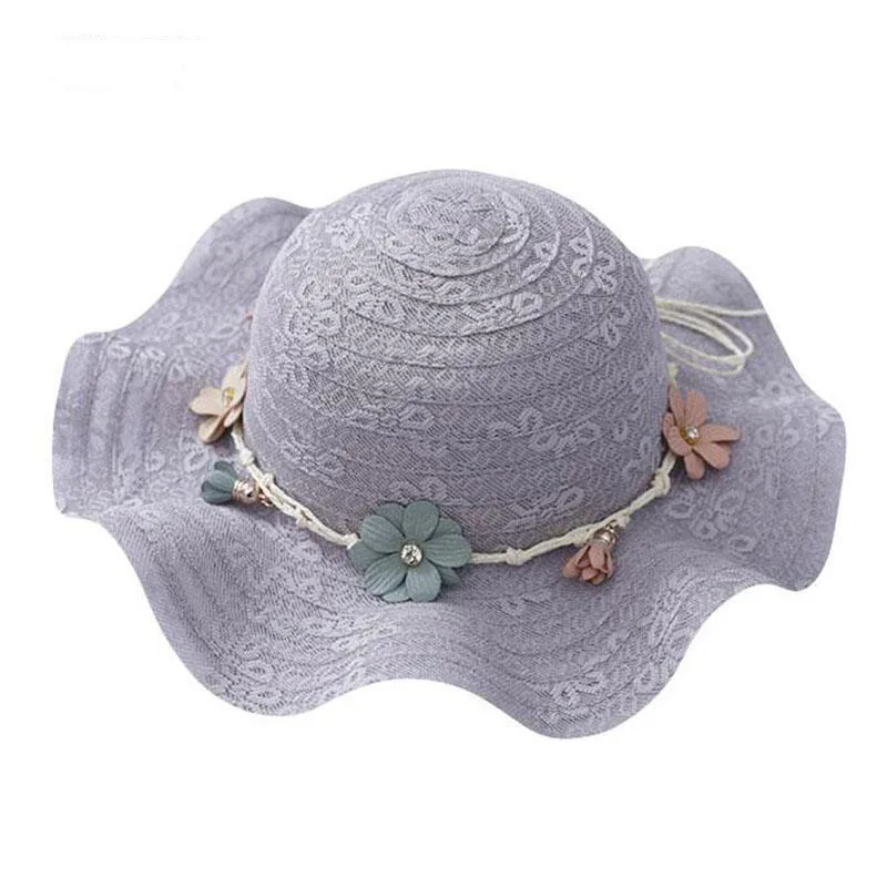 

Retail 7 Colors Summer Children flower Simple Wavy large Brimmed Straw Hat Boys Girls Beach Hats Foldable Chapeau Sun Hat