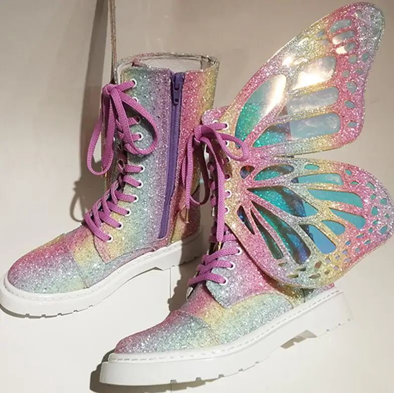 Buono Scarpe/женские кроссовки с крылышками и бабочками; блестящие Серебристые короткие ботинки на шнуровке; цветная женская обувь; женские кроссовки с блестками - Цвет: pink
