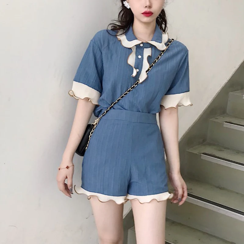 Возможно U синий отложной воротник клеш короткий рукав кнопка молния шорты