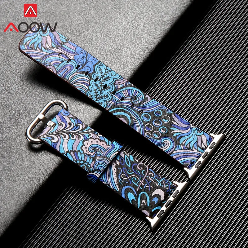 Blue Кожаный ремешок для часов Apple Watch 38 мм 42 мм 40 мм 44 мм цветочный ремешок с цветочным принтом Национальный стиль браслет для iwatch 1 2 3 4 - Цвет ремешка: Blue