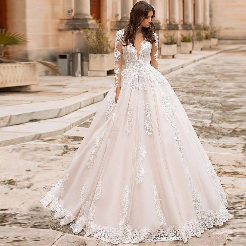 Eightree Vintage V-neck A-line Wedding Dresses Beach Long Sleeves Bridal De Mariage Elegant Lace Gowns Illusion Back | Свадьбы и
