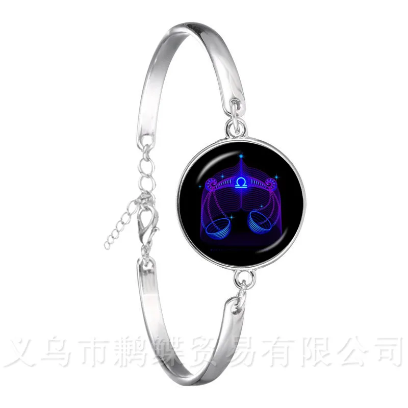 New 12 Zodiac Signs Bracelet Retro Twelve Constellations Cabochon Glass Time Gem Silver Plated Chain Bangle For Gift | Украшения и