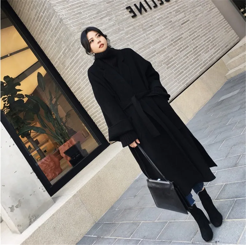Autumn winter woolen coat women Loose Large size wool coats female Belt slim long Basic coats Both sides of the slit jacket N332