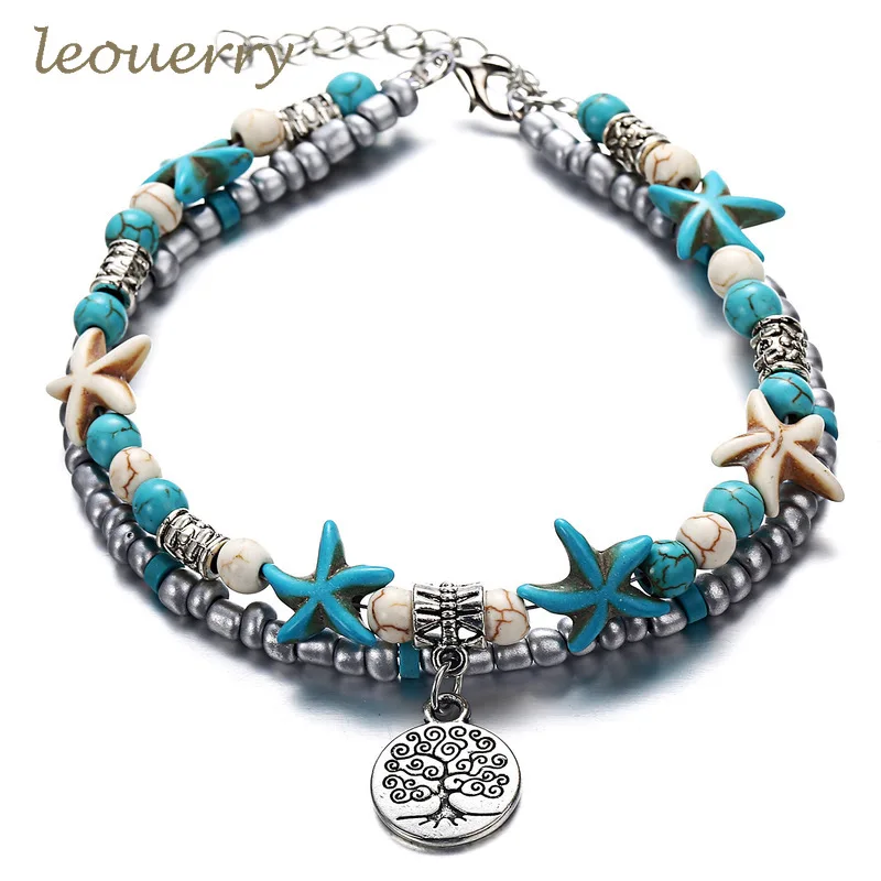 Leouerry двойной Слои Дерево Подвесные ножные браслеты Для женщин Винтаж Starfish