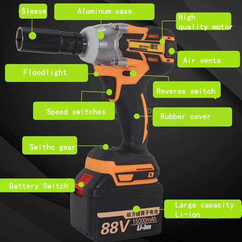 

68V/88 6000mAh Rechargeable Battery Brushless Cordless Electric Impact Socket Wrench Car Home Dual Speed Hand Drill Power Tools