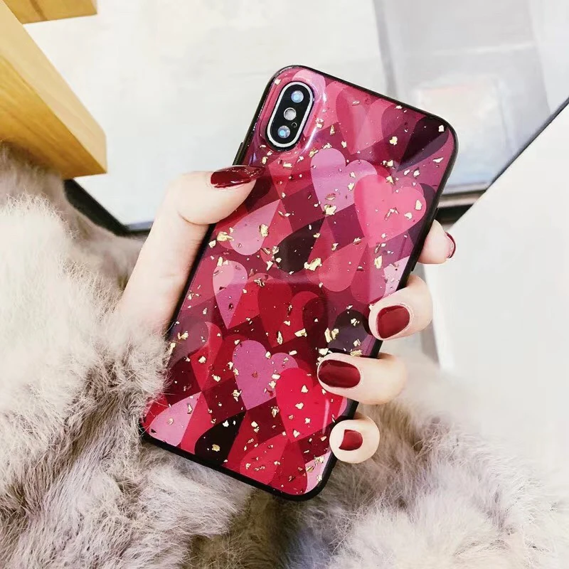 Роскошный блестящий чехол для телефона с красным сердцем iPhoneX Xs Xr Xsmax золотой