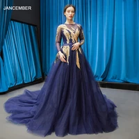 j66801 jancember navy blue women evening elegant a line floor length long sleeve o neck party evening gown formal dress for 2019
