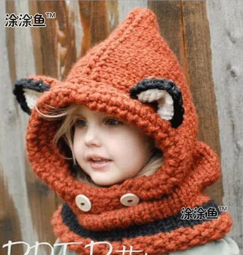 2016 Baby Hats & Caps Cat Ear / Fox Shaped Kids Bomber Hats Beanie Shawl Winter Children Hats Handmade Knitted Baby Accessories