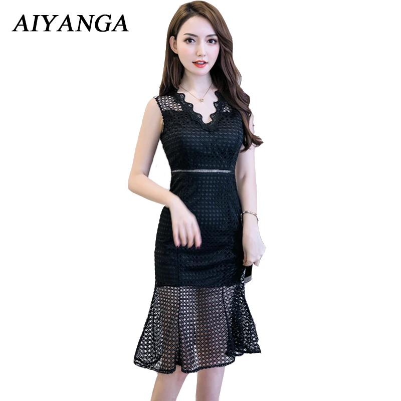 AIYANGA Women Summer Sexy Dress 2018 Fashion Ladies V Neck Sleeveless Hollow Slim Package hip Club Dresses White Black | Женская одежда