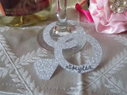 

Glitter Double engagement rings wine glass ring charms wedding bridal shower Bachelorette Party table decorscards