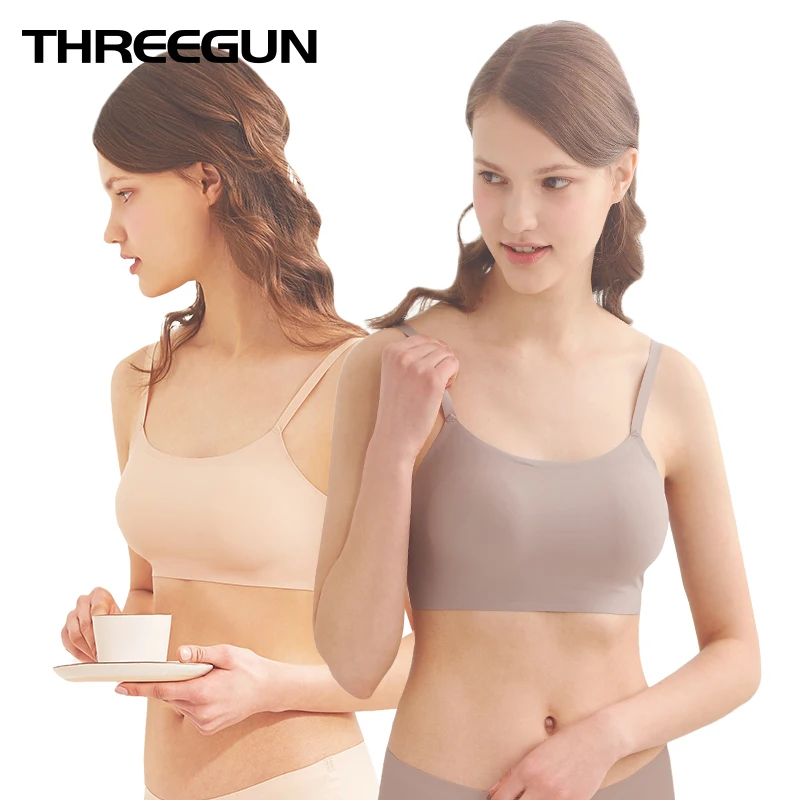 THREEGUN 2 шт./упак. спортивный бюстгальтер для девочек переходного возраста от Тканные Беспроводной дышащий спортивный бюстгальтер для девочек; однотонные Цвет бюстгальтер с эффектом пуш ап Топы Невидимый Летняя женская обувь