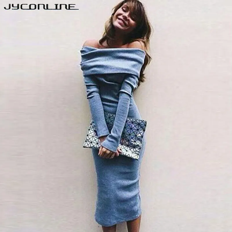 Платье JYConline женское вязанное с открытыми плечами по фигуре|slash neck|warm dresssweater dress |