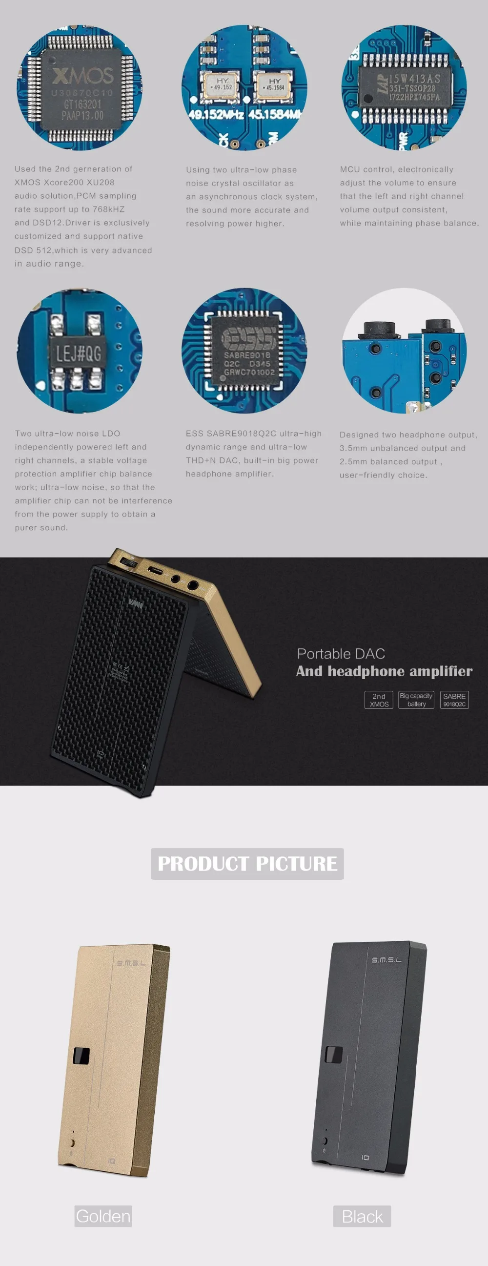 Распродажа SMSL IQ HI-RES портативный усилитель для наушников DSD512 PCM 768 кГц заряжаемый со встроенным аккумулятором 2,5 мм и 3,5 мм выход