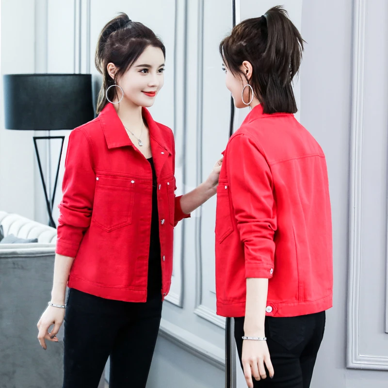 Женская джинсовая куртка сезон осень-зима 2019 желтая красная облегающая