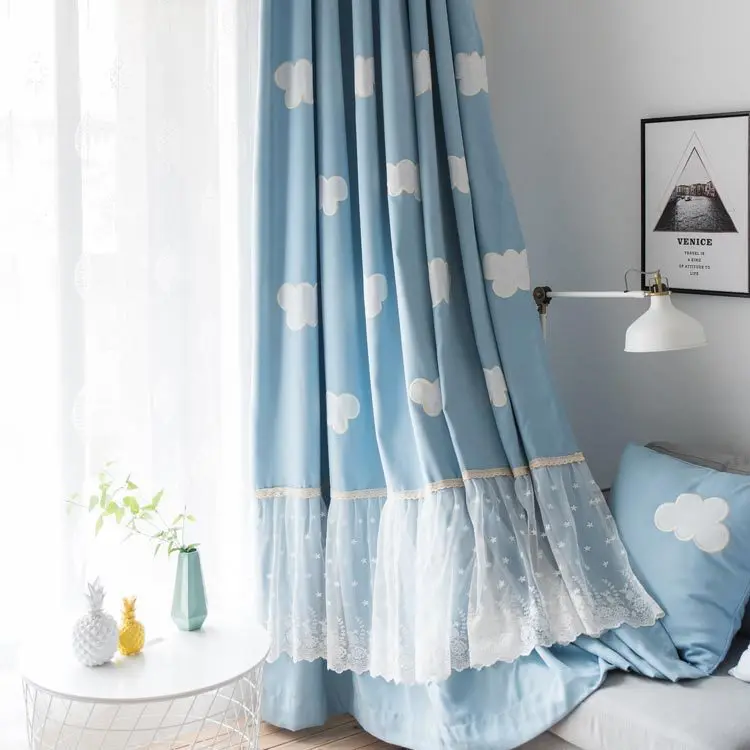 Blue Sky White Clouds Cartoon Cotton Linen Velvet Embroidered Children's Room Curtains for Living Dining Bedroom. | Дом и сад