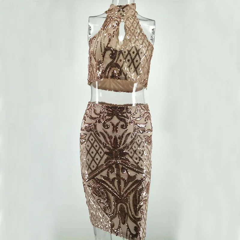 Сексуальное черное Золотое платье с блестками летнее женское элегантное из двух