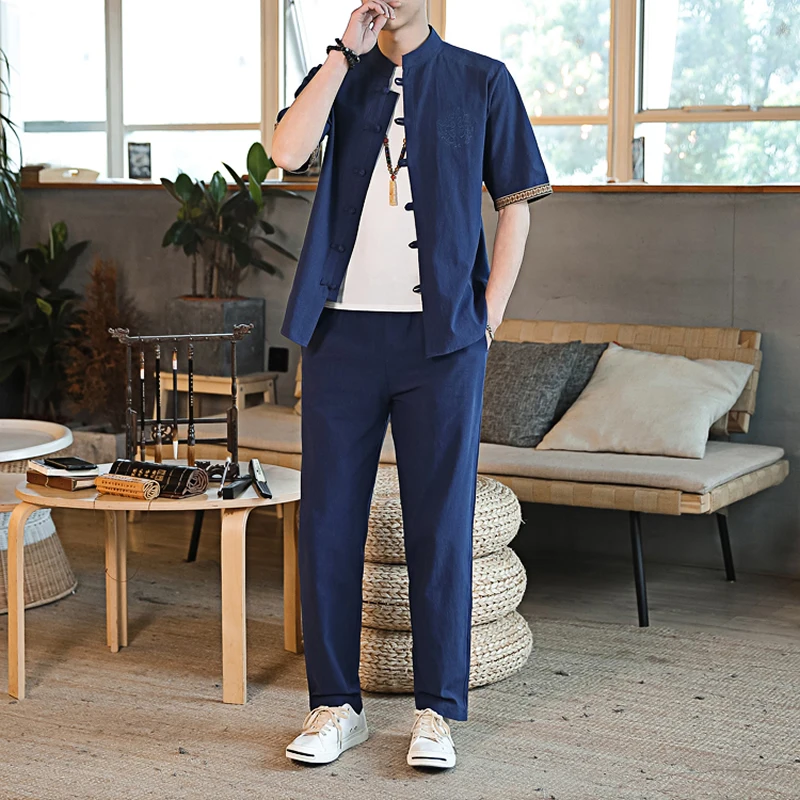 

Cotton Linen Chinese Style Tang Suit Men Short Sleeved Shirts Long Pants Autumn Summer Clothes Streetwear Men's Sets