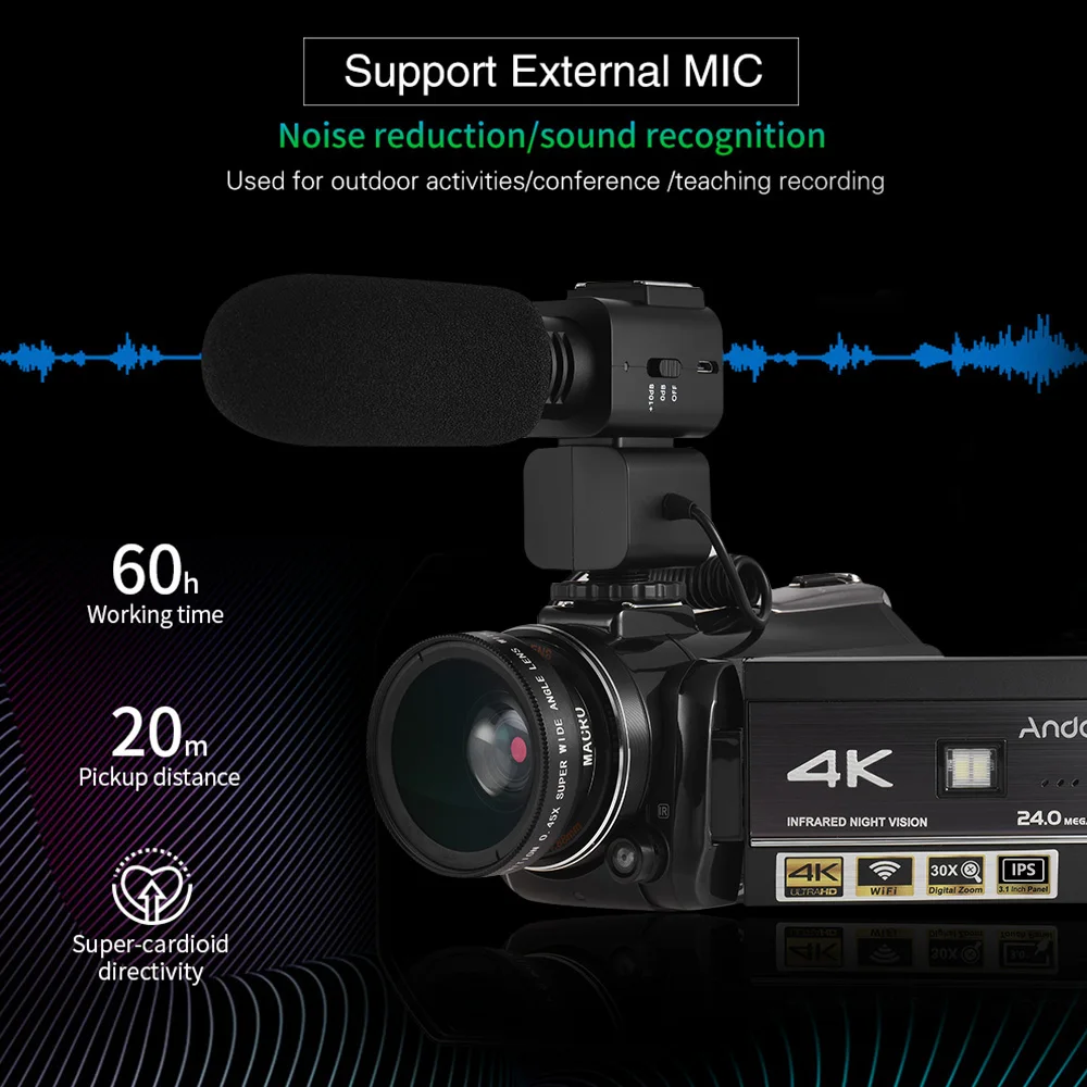 Профессиональная видеокамера Andoer 4K профессиональная с Экстра 0.39X широкоугольным