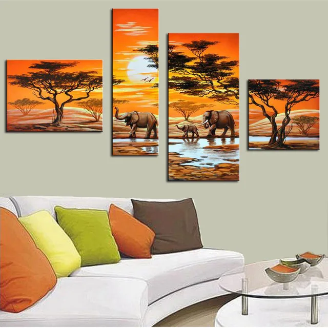 

Modern Hand Painted African Elephant 4 Panel Combination Animal Oil Painting Home Wall Art Landscape Pictures on Canvas Unframed