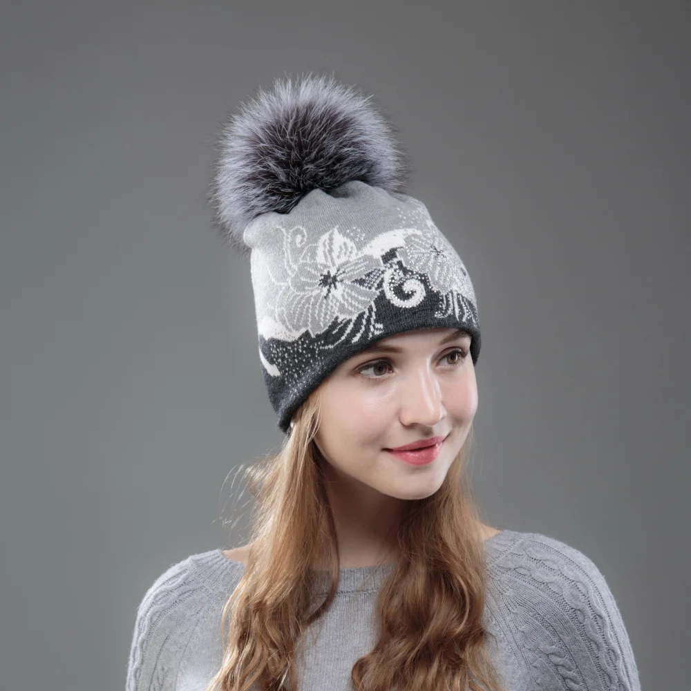 Новый Для женщин кашемировые зимние шапки с натуральным лисьим мехом шапка