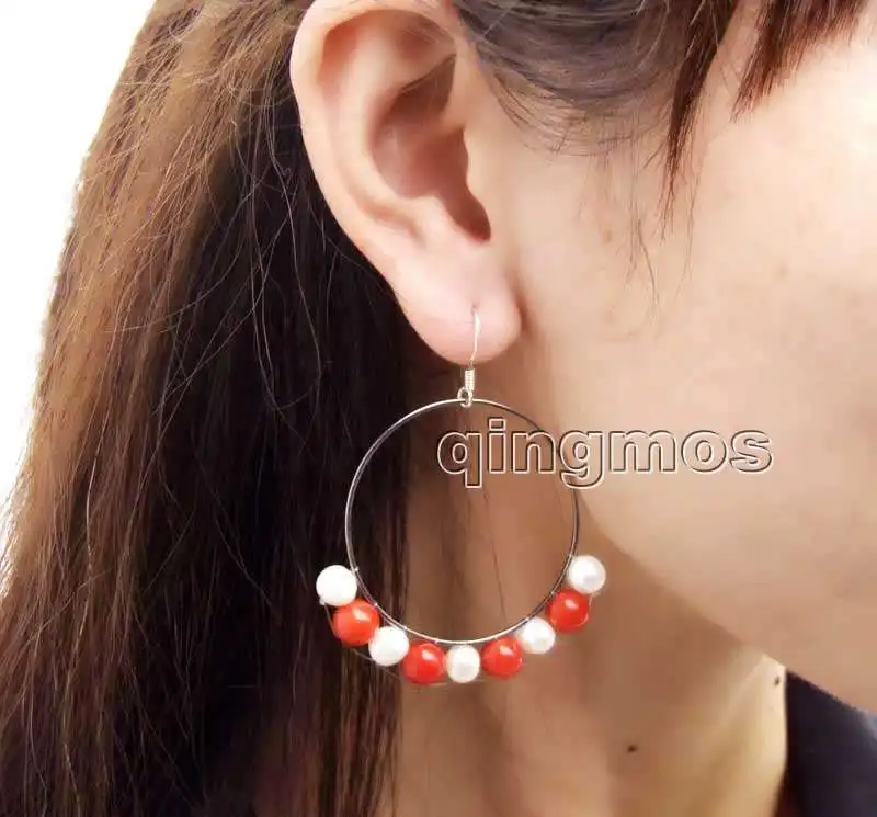 

Fashion 6-7mm White Natural Pearl and Red Coral with 40mm metal Round Dangle 2'' Earring-ear603