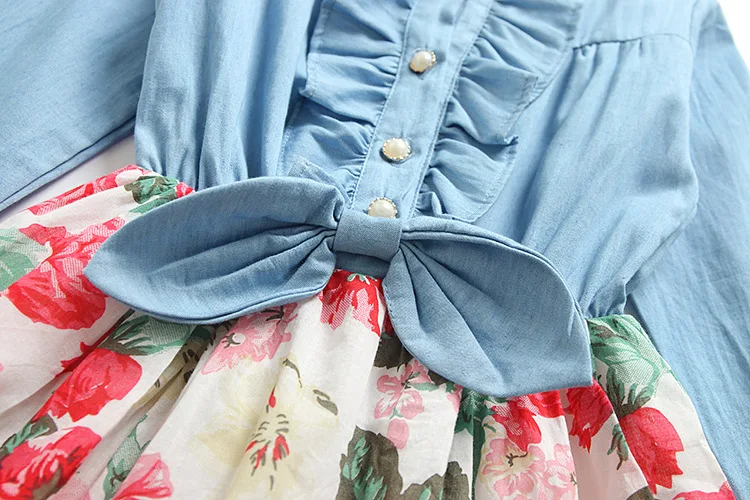 Children Girls Clothing Baby Denim Ruched Long Sleeve T-Shirt Tops Blouse Solid O-Neck Cute Dress | Детская одежда и обувь