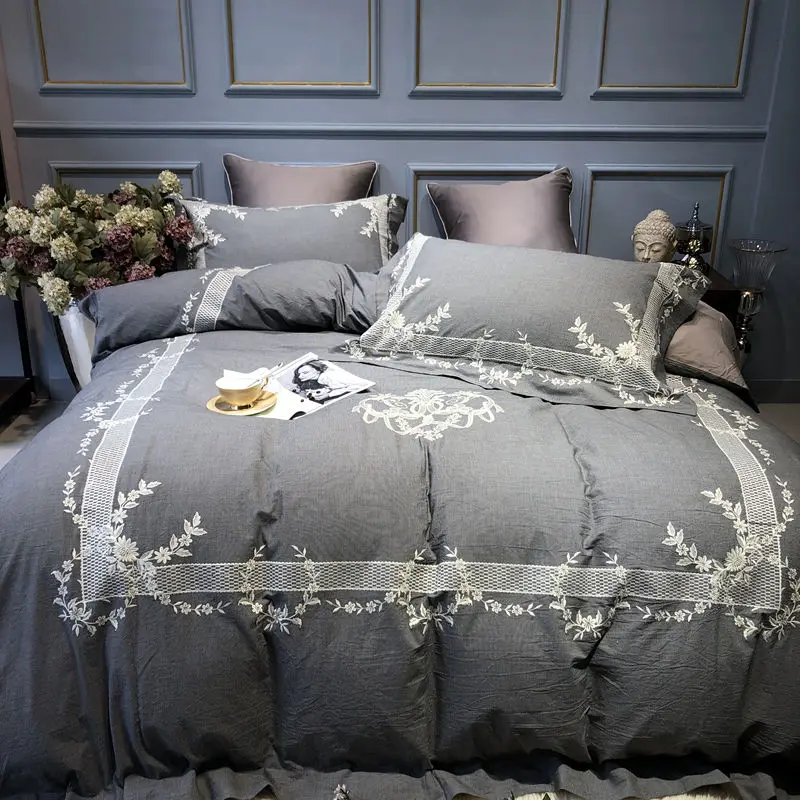 Комплект постельного белья из 4 предметов с вышивкой египетского хлопка | Дом и