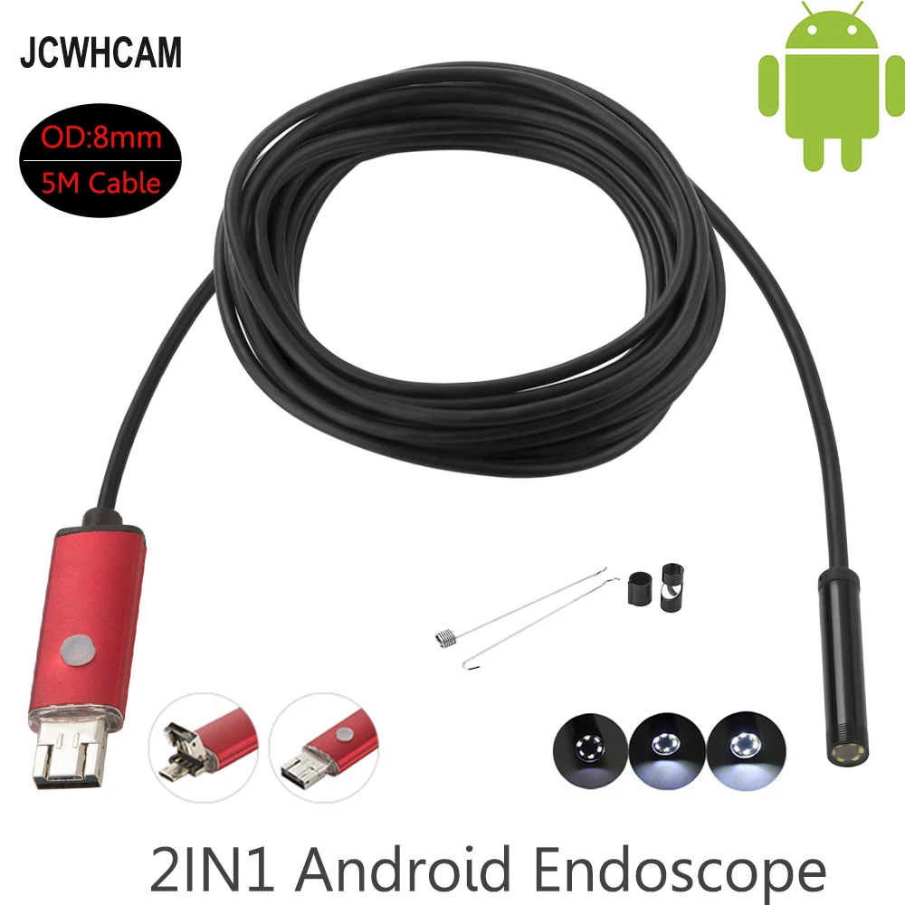 

JCWHCAM 8mm 2.0MP USB Endoscope 5M cable Android mini camera Borescope for OTG USB pipe camera Snake Camera Car inspection