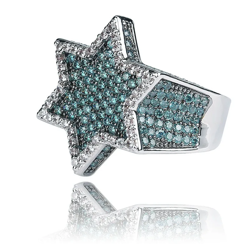 Мятно-зеленый AAA кубический цирконий Bling Ice Out еврейская звезда Давида гексаграмма кольца для мужчин хип хоп раппер ювелирные изделия золото серебро