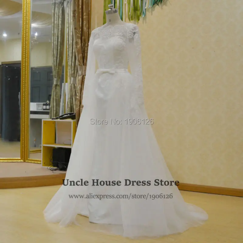Sposa Abito Mermaid Шнурка С Длинным Рукавом Свадебные Платья Со Съемной Поезд Выкл Белое