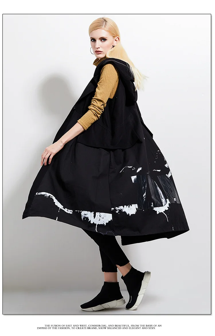 Free shipping 2018 Autumn Fashion Women streetwear Plus size Hooded trench coat sleeveless outwear printed long vest tops outfit | Женская
