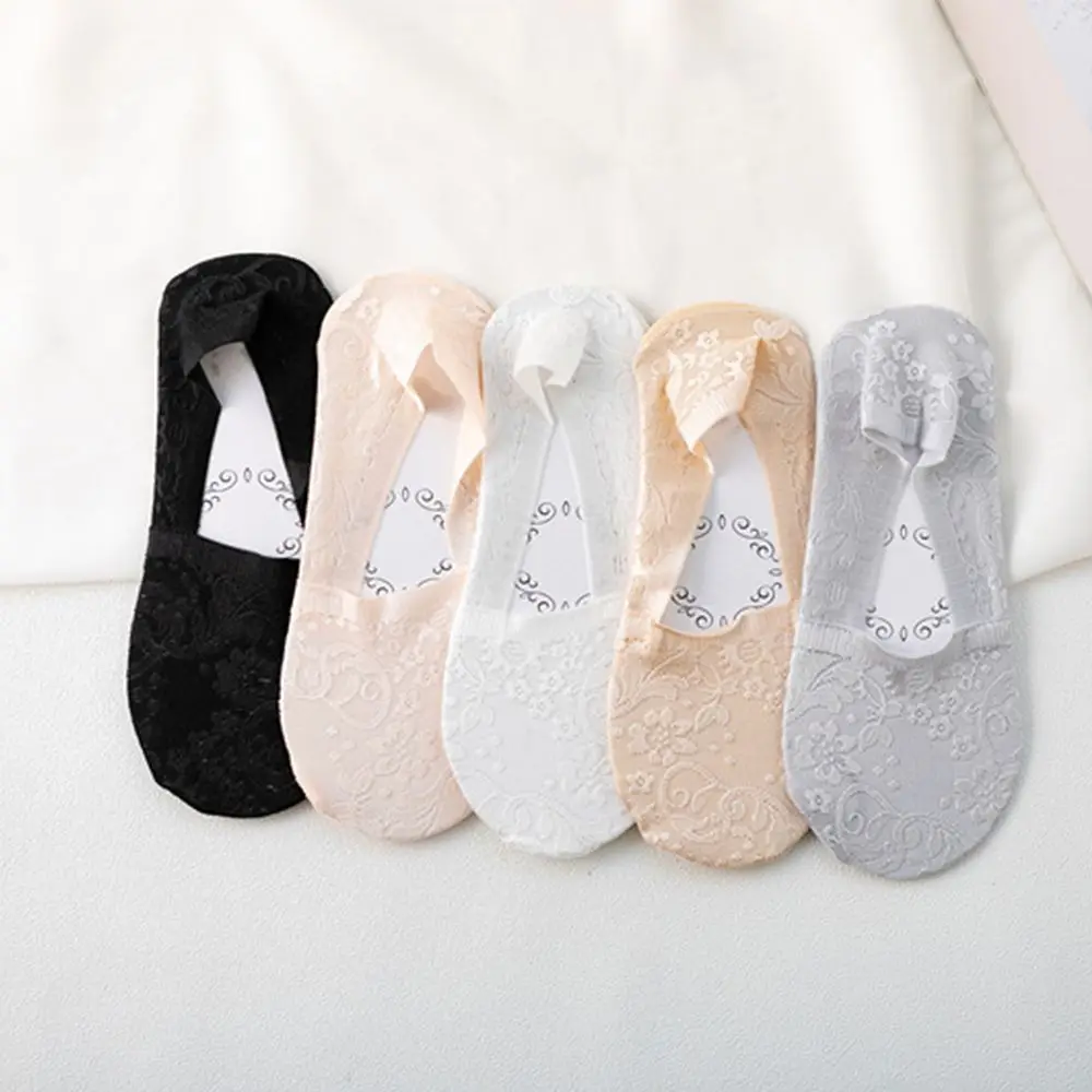 Носки невидимки женские из вискозы Модные дышащие тонкие Нескользящие кружевные