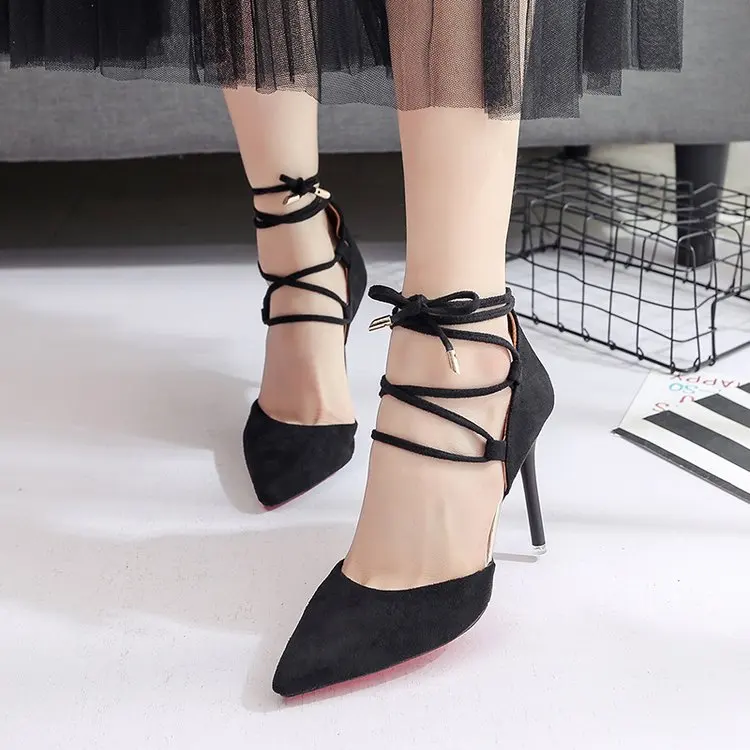 Женские замшевые сандалии на шпильке 10 см босоножки с острым носком и