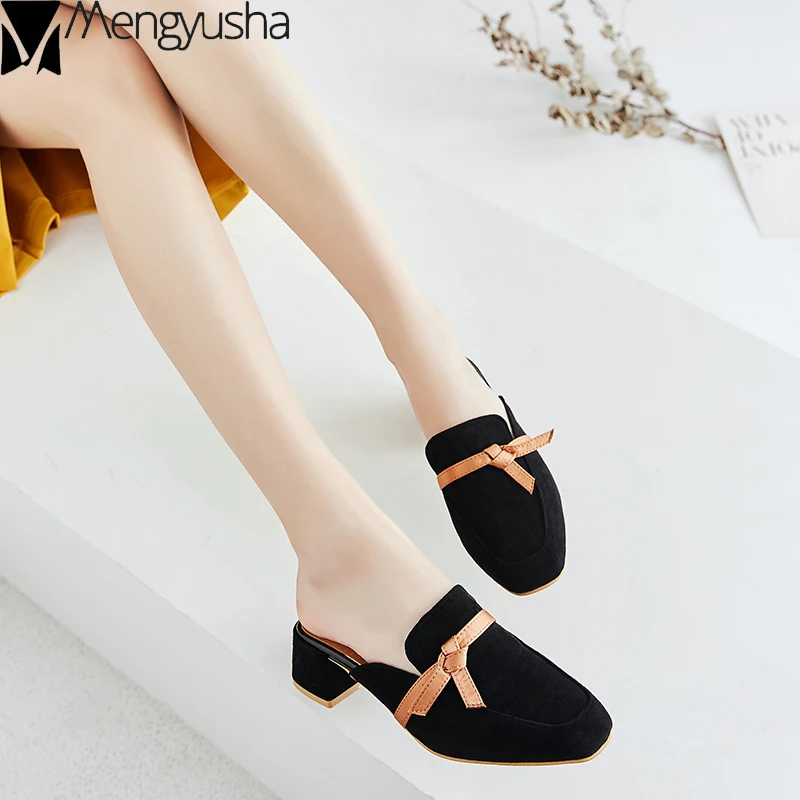 Босоножки с открытой пяткой В стиле ретро С бантом Обувь из флока на толстом