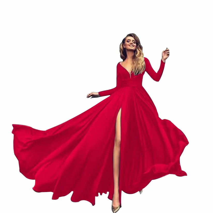 New Solid Color High Split Big Swing Dress Sexy Deep V Long Sleeve | Женская одежда