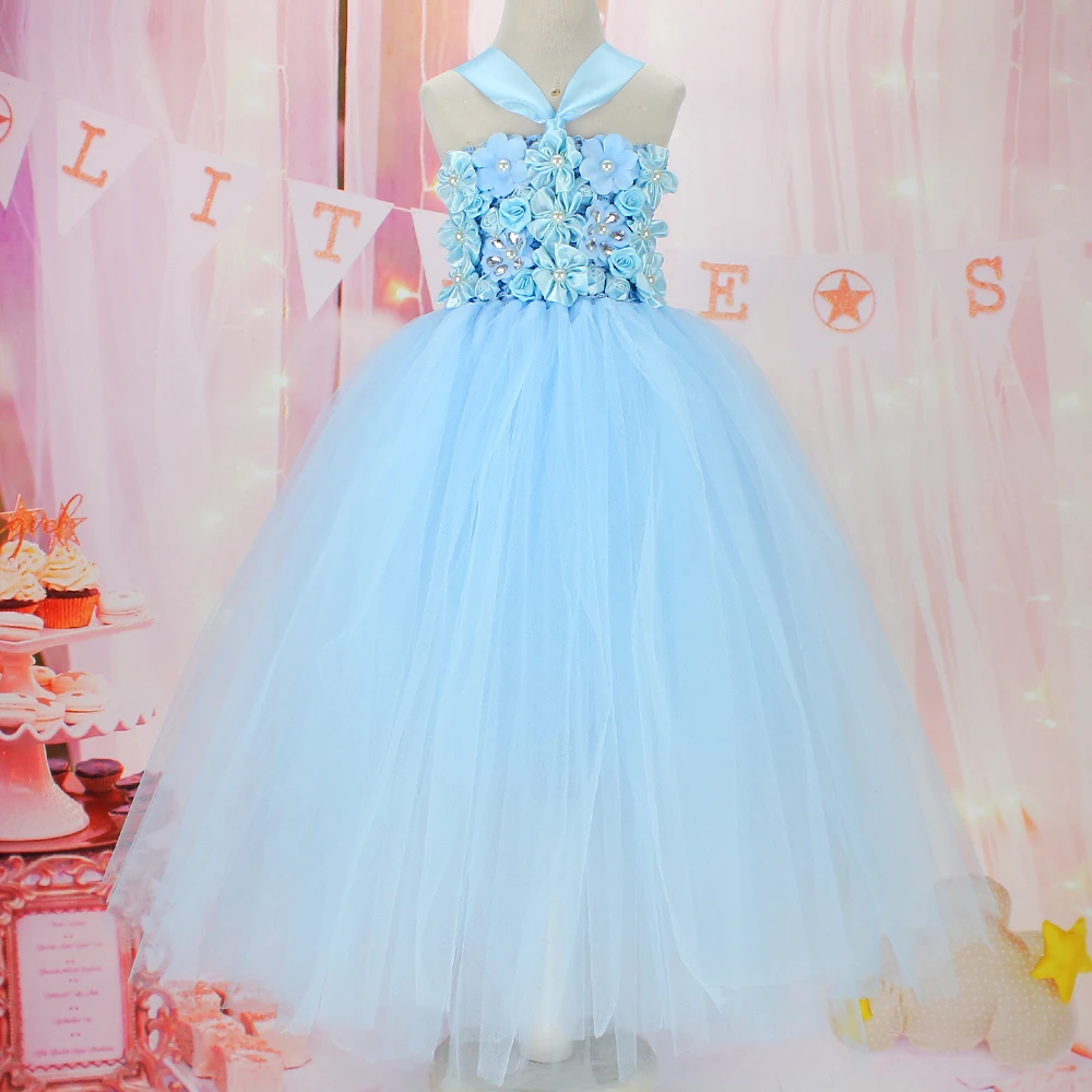 fashion flower girls light blue tutu dress birthday vestido menina for girl photo props baby party | Детская одежда и обувь
