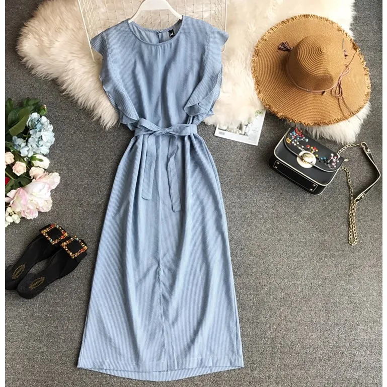 Для женщин Лето 2019 г. Полосатый рукавов оборками прямо один шаг длинное платье