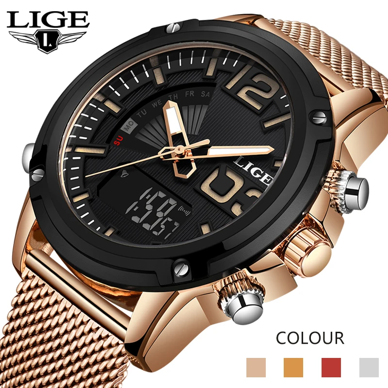LIGE мужские часы с двойным дисплеем Топ бренд роскошные сетчатые