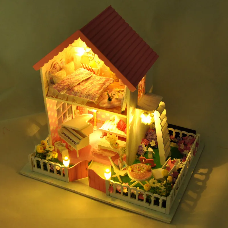 3D DIY Розовый вилла с сад деревянный большой кукольный дом Мебель игрушки Модель