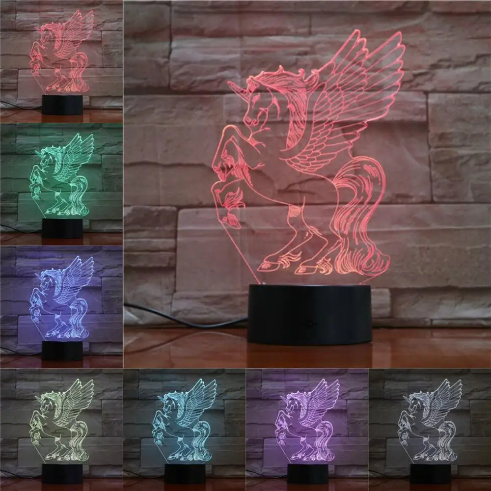 

3d-лампа в виде животного, крыла, единорог, пони, иллюзия, Детская Ночь, светодиодная лампочка, разноцветный Рождественский подарок, детская и...